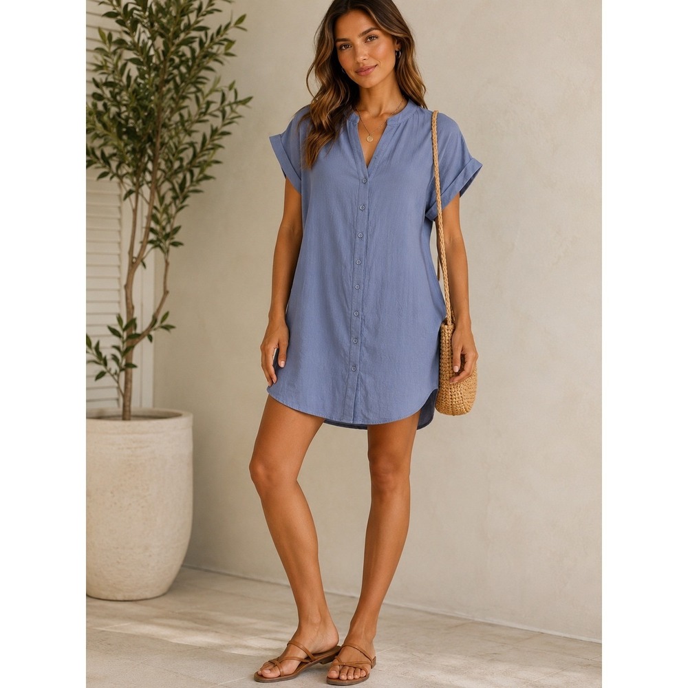 Emery Rose NWT Dusty Blue Button-Front Cap Sleeve Shirt Dress Size Large Cotton